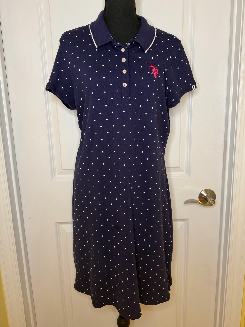 U.S. Polo Assn. Navy Polo Dress with White Polka Dots and Pink Logo, size L